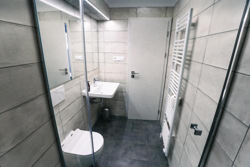 a bathroom with a toilet and a sink at Penzion Sova in Přerov