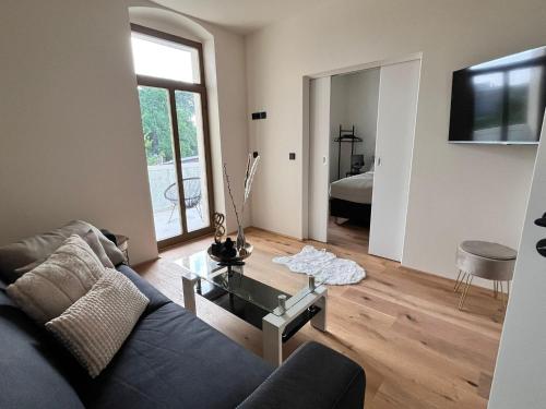 a living room with a couch and a table at Royal Haus Chemnitz 3- Balkon nahe Zeisigwald in Chemnitz