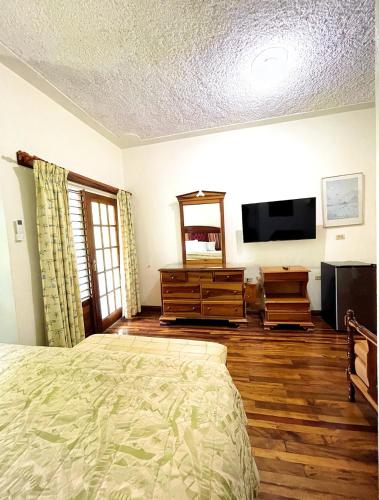 a bedroom with a bed and a flat screen tv at Kariba Kariba in Mandeville
