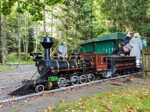 a small train on the tracks with people on it at 4 person holiday home in BORÅS in Borås