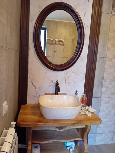 a bathroom with a sink and a mirror at Casa Continentelor in Cîmpulung