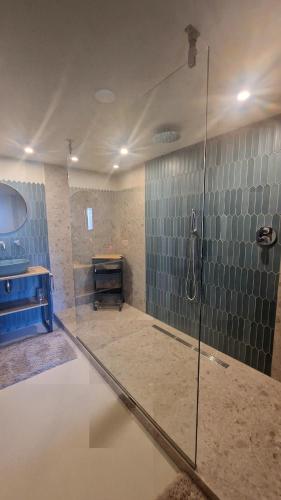 a bathroom with a shower with a glass door at City Souterrain Nijmegen in Nijmegen