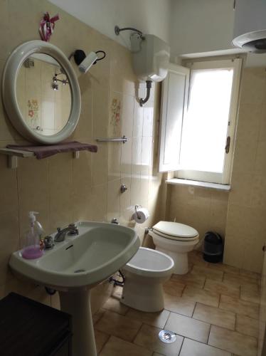 a bathroom with a sink and a toilet and a mirror at Casa di Anna a Maratea, graziosa e accogliente con spazio esterno privato, servito di bus per le spiagge in Maratea
