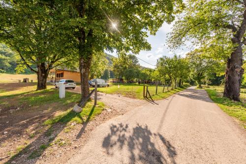 a dirt road with trees and a fence at Forest Paradise in Ličko Petrovo Selo