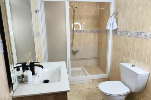 a bathroom with a toilet and a sink and a shower at Casa Rural con Patio y Barbacoa en Pinoso 