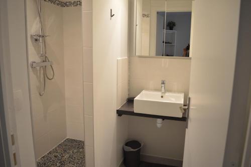 W białej łazience znajduje się umywalka i lustro. w obiekcie Gîte de la Cour w mieście Campandré-Valcongrain