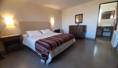 a bedroom with a bed and a dresser and a mirror at Casa Viva - Tafi del Valle in Tafí del Valle