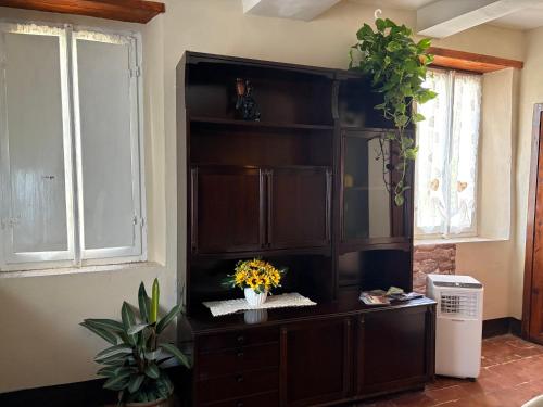 a brown book shelf with a vase of flowers on it at A due passi dal centro in Barga