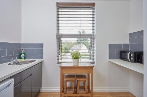 a kitchen with a small table with a plant on it at The Ashcroft Apartments Free Parking in Manchester