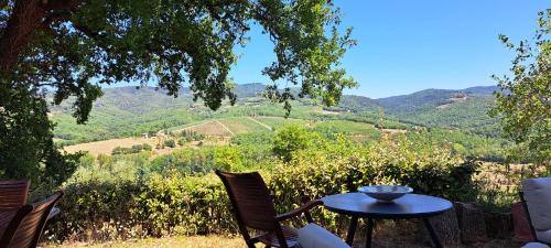 a table with chairs and a view of the mountains at Appartamento Holly House in Radda in Chianti