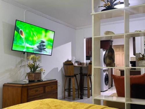 a living room with a flat screen tv on a wall at Budget Kingston Classic - Kensington Nest in Kingston