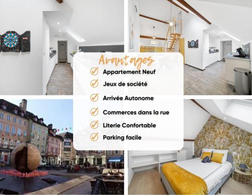 a collage of pictures of a room with a bed at Le Duplex Moutarde, prox centre et Gare, 50m2, climatisation in Chalon-sur-Saône