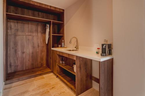 a kitchen with a sink and a wooden door at Hotel Flores de Sal-Valle de Guadalupe in Valle de Guadalupe