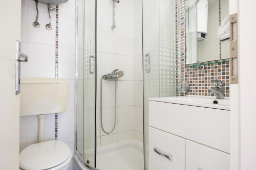 a bathroom with a shower and a toilet and a sink at Karantanovi Dvori in Murter