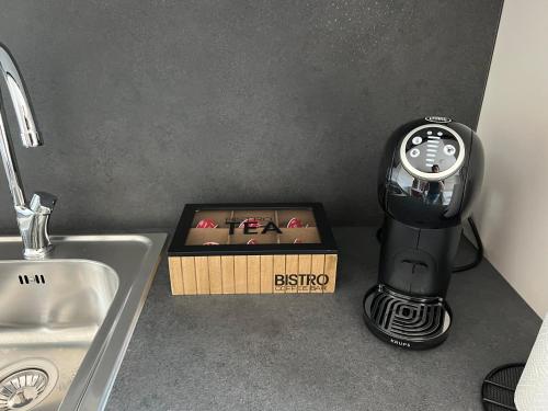 a black blender next to a sink and a box at Montereale A6 - a Fine Experience in Pordenone