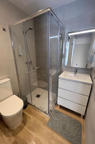 a bathroom with a shower and a toilet and a sink at Thor Hostal Boutique in Alicante