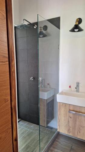 a bathroom with a shower and a sink at Román Cabañas del Mirador #2 para 2 personas in Pahuatlán del Valle