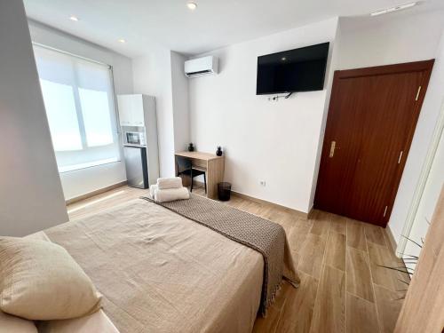 a bedroom with a bed and a television in it at Thor Hostal Boutique in Alicante