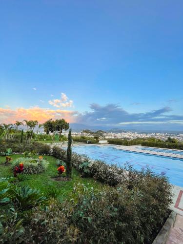 a view of a swimming pool with flowers at Best View Aparta Hotel in Dosquebradas