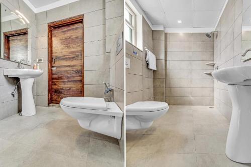 two images of a bathroom with a toilet and a sink at Townhouse Ekana Inn in Vibhuti Khand