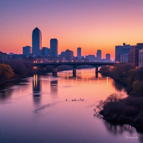 a city skyline with a bridge over a river with ducks at Lux Stay - 3mins to UC Medical & DT Cincinnati in Cincinnati