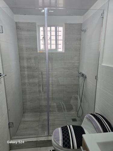 Un baño con ducha y WC. en Peace Place, en Santiago de los Caballeros