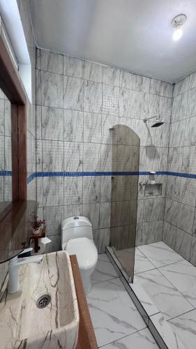 a bathroom with a shower and a toilet and a sink at The Wave Hostel Corn Island in Corn Island