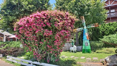 a large bush of pink flowers next to a windmill at Yosemite Park B&B in Renai