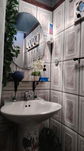 a bathroom with a sink and a mirror on a wall at La casita de Nana in Esparza