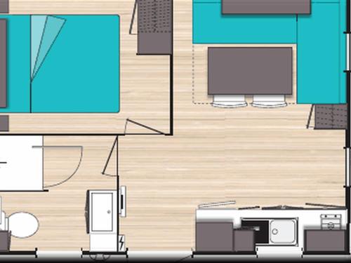 a floor plan of a living room with at Mobil Home - Terrasse, 1 Chambre, Cuisine Équipée - API-1-52-270 in Bormes-les-Mimosas