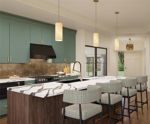 a kitchen with green cabinets and a bar with stools at Hilton Vacation Club Mill Springs Lodge Pigeon Forge in Pigeon Forge