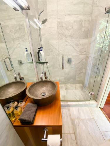 a bathroom with a sink and a shower at Waterfall Bay Glass House in Picton