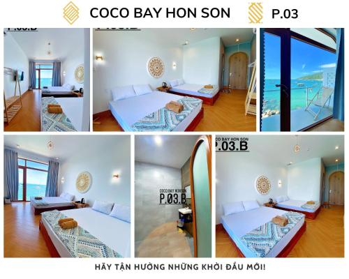 a collage of four pictures of a hotel room at Coco Bay Hon Son in Lai Sơn