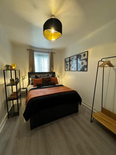 a bedroom with a large bed and a lamp at Helen host in London