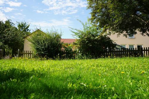 a field of grass with a fence and a house at Klein & Fein - small & beautiful in Handthal