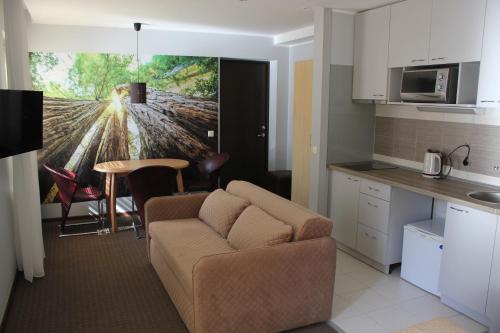 a living room with a couch and a kitchen at Broliu Vila in Druskininkai
