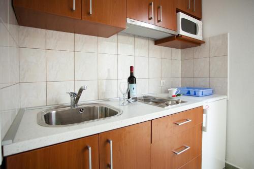 eine Küche mit einem Waschbecken und einer Flasche Wein in der Unterkunft Apartment Sangaleti in Lastovo
