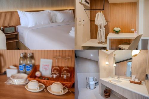 a collage of pictures of a hotel room at G9 HOTEL Kanchanaburi in Ban Tukkata (1)