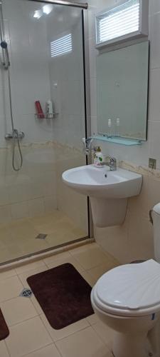 a bathroom with a shower and a toilet and a sink at Stefy Beach Apartment in Kavarna