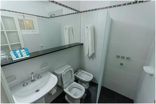 a bathroom with a sink and a toilet and a mirror at Hotel Radio in Valle Hermoso