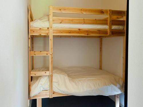 a wooden bunk bed in a room at Chalet in Friesland near Alde Feanen Park in De Veenhoop