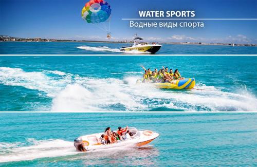 two pictures of people on a boat in the water at Miramare Magnetic Beach Hotel in K'obulet'i