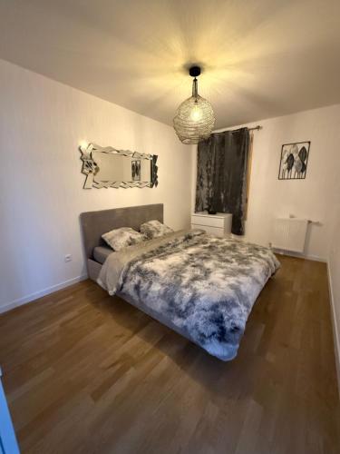 ランジスにあるTrès bel appartement ambiance cosyのベッドルーム(大型ベッド1台、ランプ付)