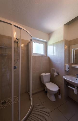 a bathroom with a shower and a toilet and a sink at Guest house Ieva in Šventoji