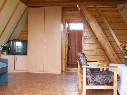 En el ático hay una sala de estar con sofá y TV. en HOSTEL SUCHY BÓR, en Suchy Bór