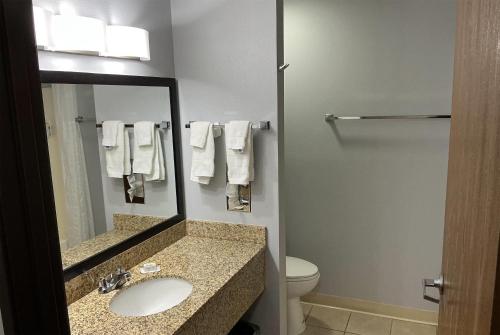 a bathroom with a sink and a mirror and a toilet at Tombstone Grand Hotel, a Baymont by Wyndham in Tombstone