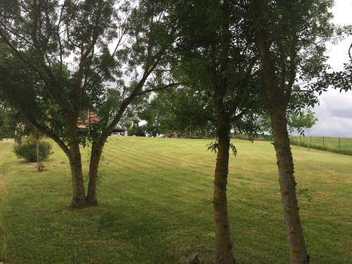 two trees in a field with a house in the background at Cozy French Escape in Monfort in Monfort