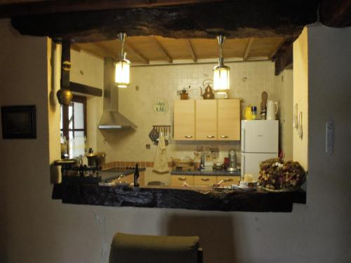 a large kitchen with a counter and a refrigerator at Cozy French Escape in Monfort in Monfort