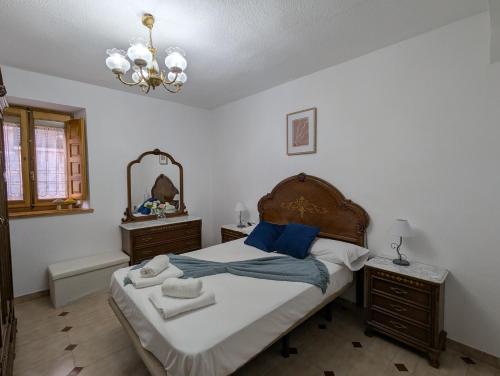 a bedroom with a bed with blue pillows and a mirror at Tierra de pinares in Vinuesa