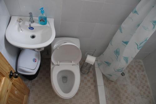 Baño pequeño con aseo y lavamanos en Hostal Mi Castillo, en Mariabé